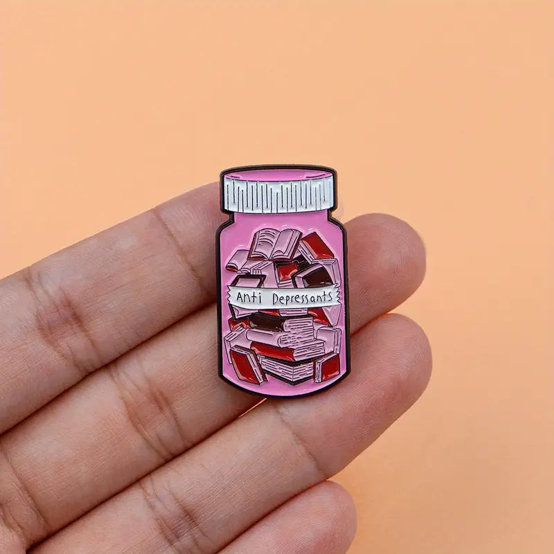 Antidepressants Pill Bottle with Books Enamel Pin